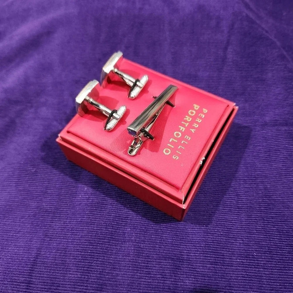 Perry Ellis Portfolio Cufflinks Silver Tone Gold Tone Tie Bar Clip Boxed - Picture 5 of 10